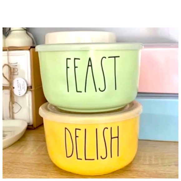 NEW Rae Dunn Pastel Yellow Feast and Pastel Green Delish Food Storage Containers - Picture 1 of 2